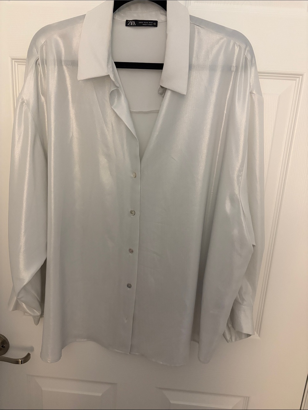 Zara Women’s Satin Button-Down Shirt in Light Silver